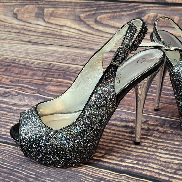 Black Platform heels with rainbow glitter. Silver heel. Size 7 from Deb. - Picture 4 of 8
